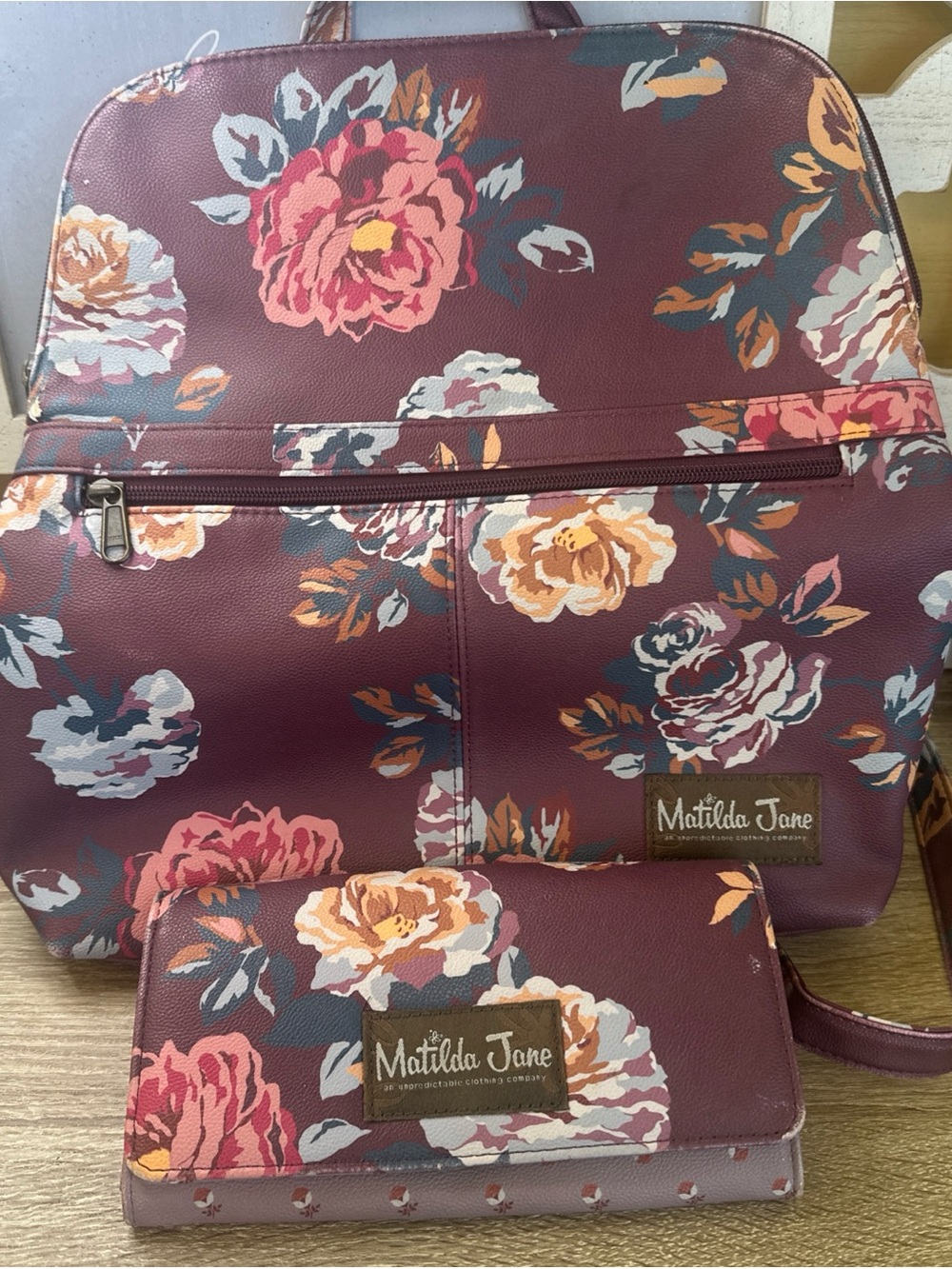 Matilda Jane Burgundy Floral Backpack with Matching Wallet